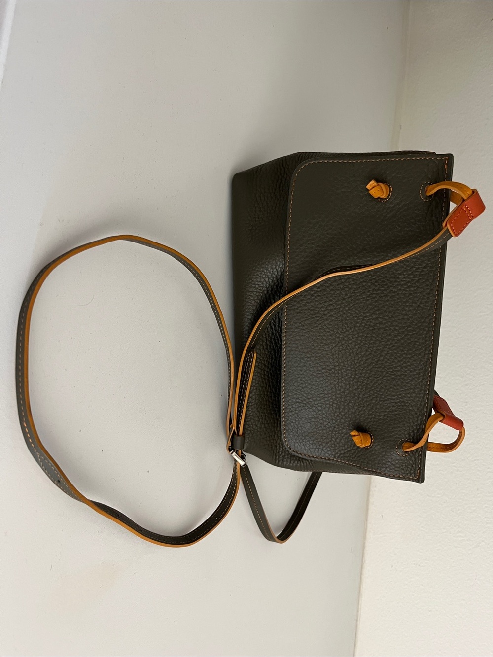 Italian Leather MVWalit Crossbody Bag in Dark Olive with Orange Trim